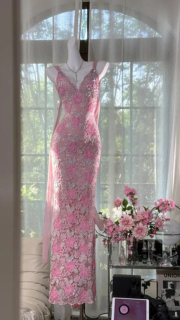Dreamy Exquisite Pink Floral Lace Sheath Spaghetti Strap Prom Dress Evening Dress Formal Dress HZ1023